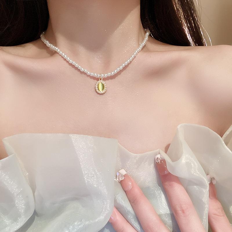 French Long Stacked Colored Pearl Necklace, Simple Temperament Collarbone Chain, Retro Necklace for Women