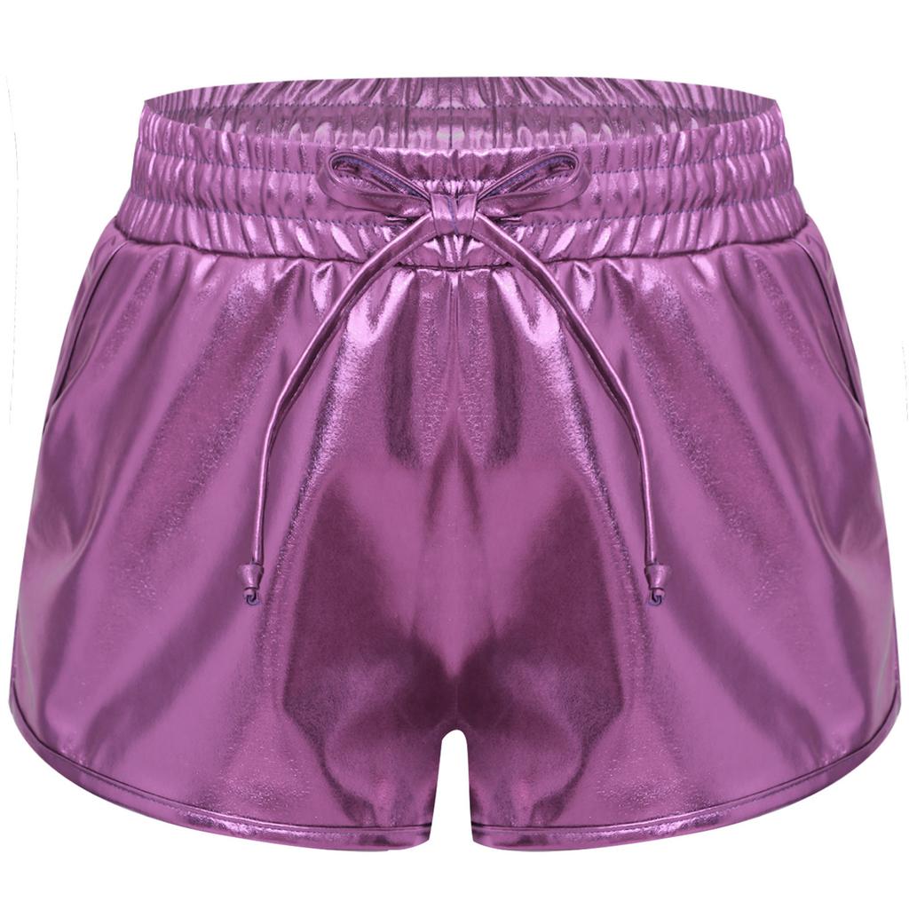 Shorts Metálicos para Niñas Cordón Cintura Elástica Brillo Hot Pants Parte Inferior de Baile Bolsillos Shorts Deportivos