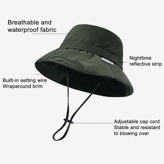 Women Hat Fisherman Style Solid Color Basin Hat with Reflective Stripe Lace-Up Dome Design Bucket Hat