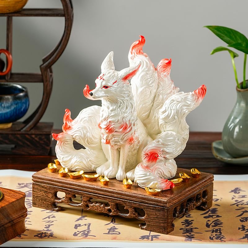 MAXYA Nine-Tailed Fox Figurine with Base, Entryway Ornament, Auspicious Charm, Tamamo-no-Mae, Feng Shui, Indoor Decor, Store Decor, Grand Opening Gift