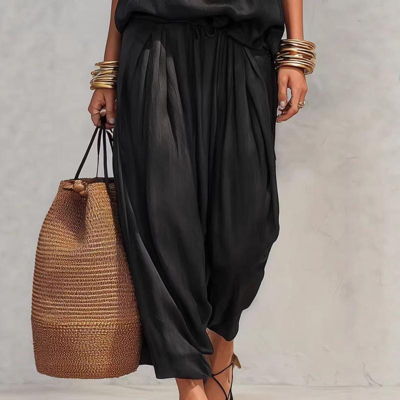 2026 Spring New Solid Color V-neck Waist-Cinching Ruffle Off-Shoulder Elegant Women's Casual Suit