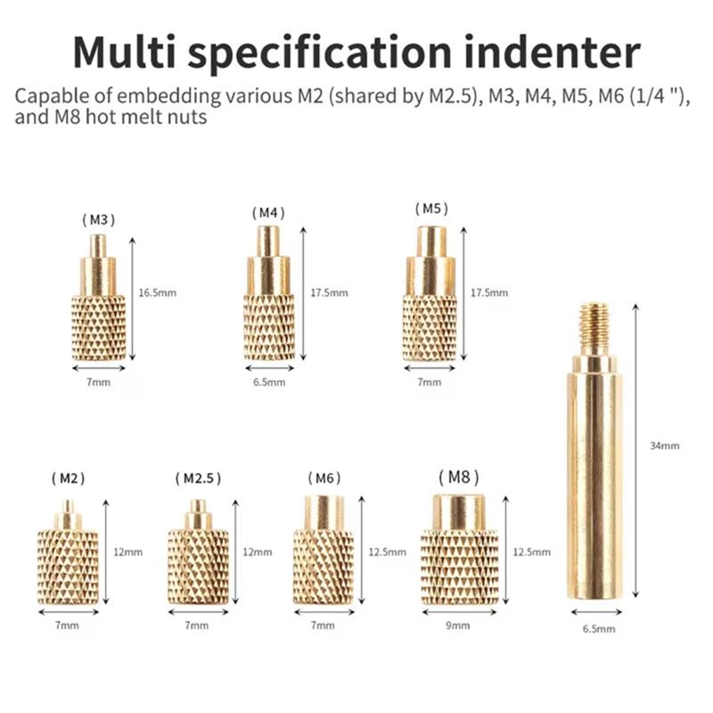 Heat Iron Thread Head Brass Hot Nut Insertion Kit M2-M8 Tips For 936 T65 T85 HS01 Sh72 Soldering