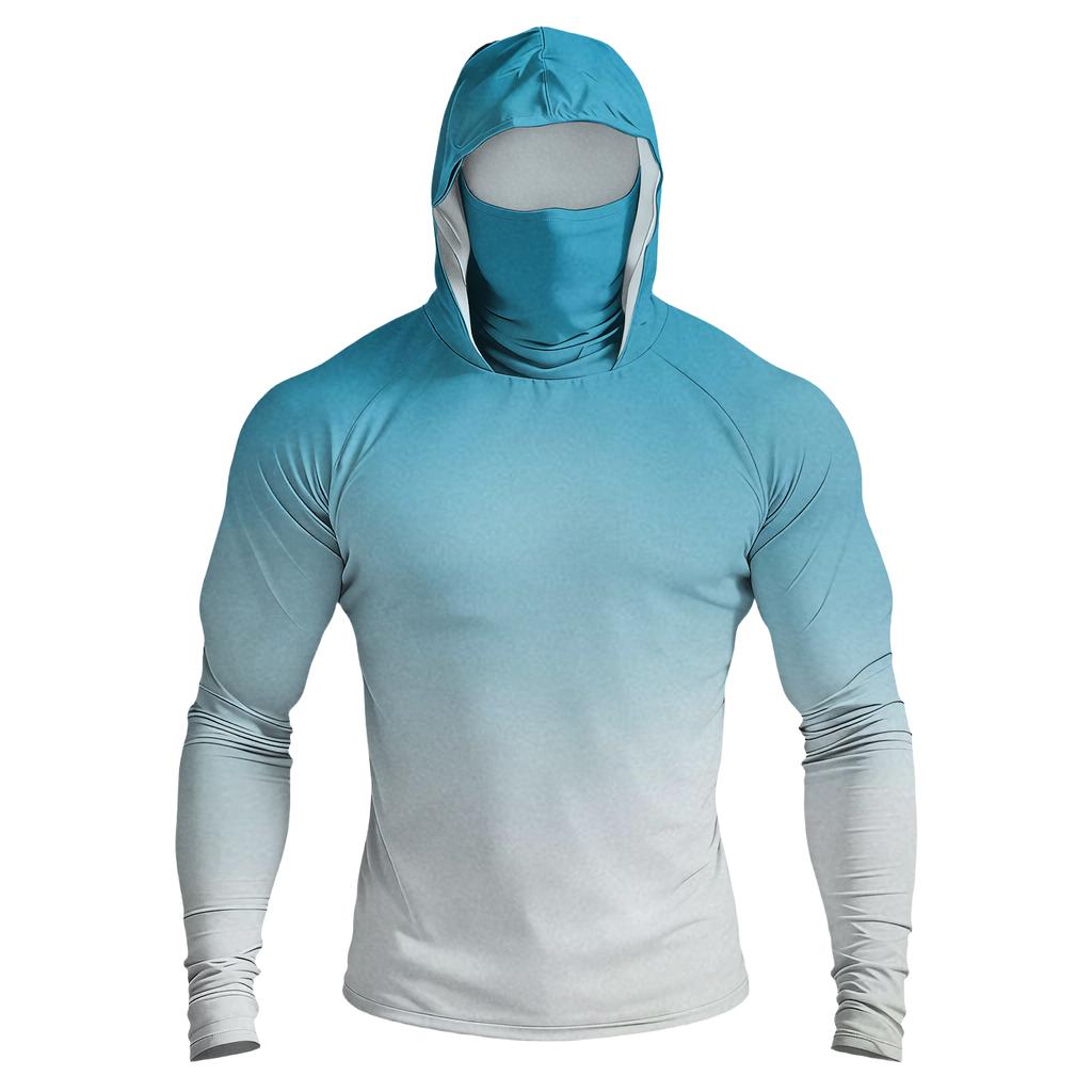 Men Raglan Sleeve Gradient Hooded Long Sleeve Sun Shirt Lightweight Pullover with Thumb Holes for Outdoor Activities