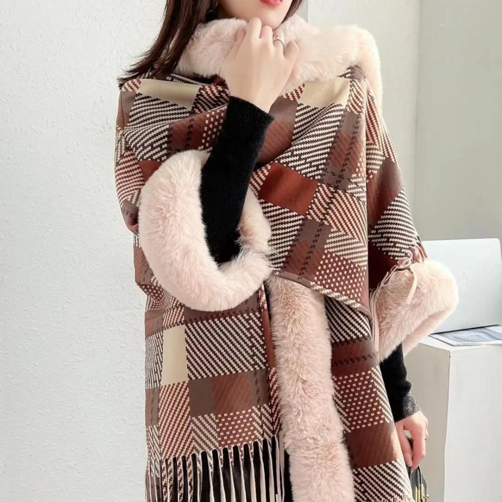 Women Winter England Plaid Thick Velvet Warm Poncho Outer Wear Batwing Sleeves Knitted Faux Rabbit Fur Loose Capes Coat With Hat