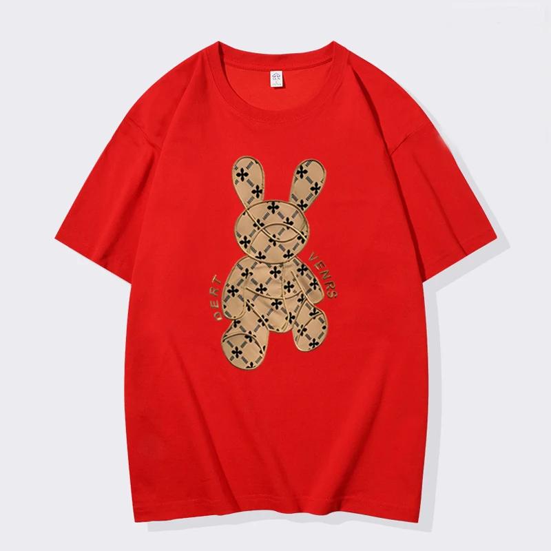 Spring Summer Men's Loose Casual Breathable T-Shirt 100% Cotton Clothing Bear Print Streetwear Women's Crew Neck Top