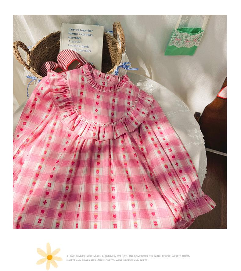 2026 Autumn Korean Style Ruffled Stand Collar Plaid Princess Dress for Girls