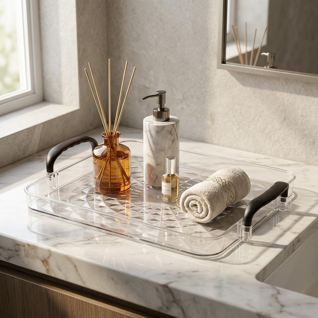 Clear Plastic PET Vanity Tray Bathroom Counter Organizer with Handles Desktop Makeup Cosmetics Skincare Perfume Storage Box