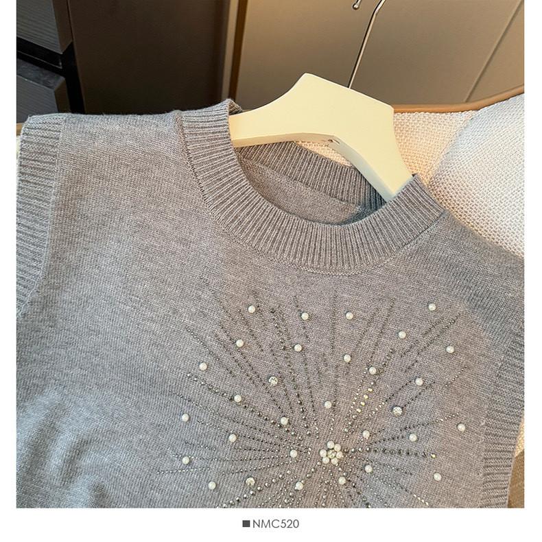 Summer Women Casual Sleeveless Solid Beading Knitted Sweater Pullover Vest Tops