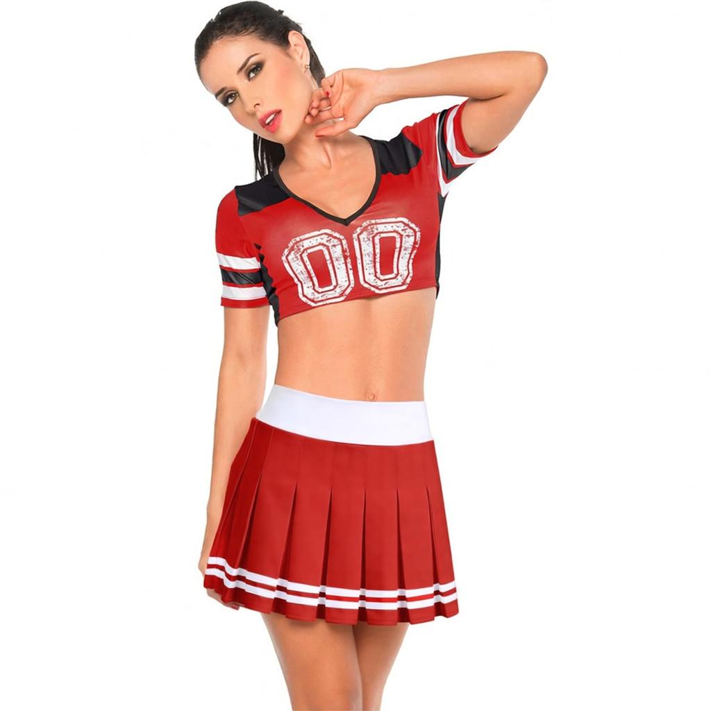 Two Piece Cheerleader Costume Set Women Pleated Skirt and Short Sleeve Crop Top Uniform Outfit for Dance Performance School Events Halloween