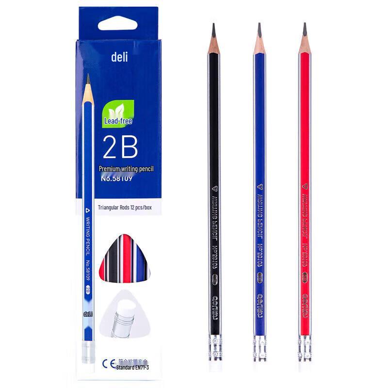 Deli 2B Triangular Graphite Pencils, Mixed Colors, Model 58109