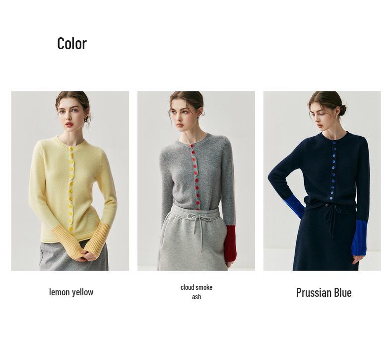 Artistic Color-Block Cashmere Cardigan: 2025 Autumn/Winter Women's Versatile Round Neck Knitwear
