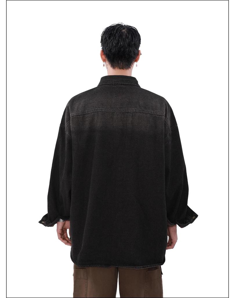 Men's Vintage Washed Denim Shirt - Japanese Loose Fit, Long Sleeve for Spring/Autumn