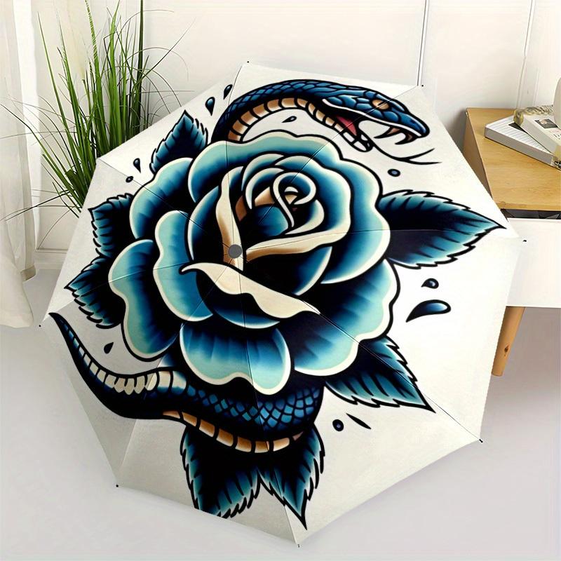 1pc Snake Rose Automatic Folding Umbrella Portable Collapsible Design, 8-Rib Iron Frame, Durable Fabric, All-Season Casual Outdoor 159