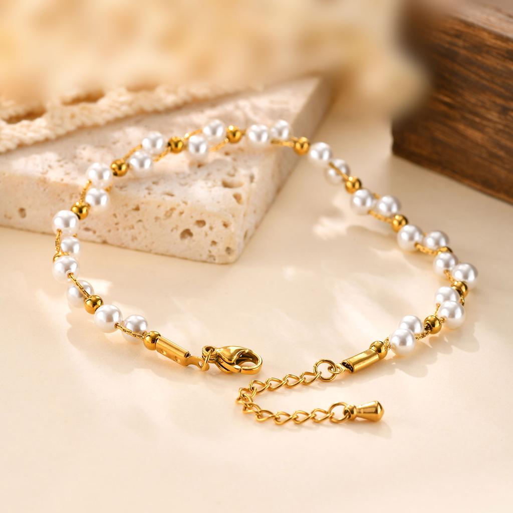 Fashion Stainless Steel Chain Bead Bracelet 18K Gold Ladies 2563