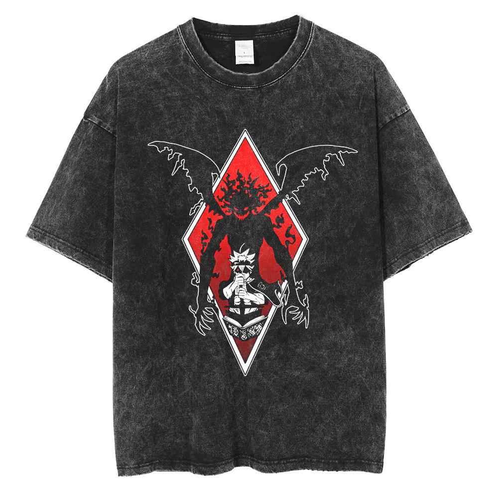 Hot Anime Black Clover Asta Logo Graphic Washed T Shirt Men Vintage Cotton Tshirts Manga Oversized Streetwear Harajuku Male Tops