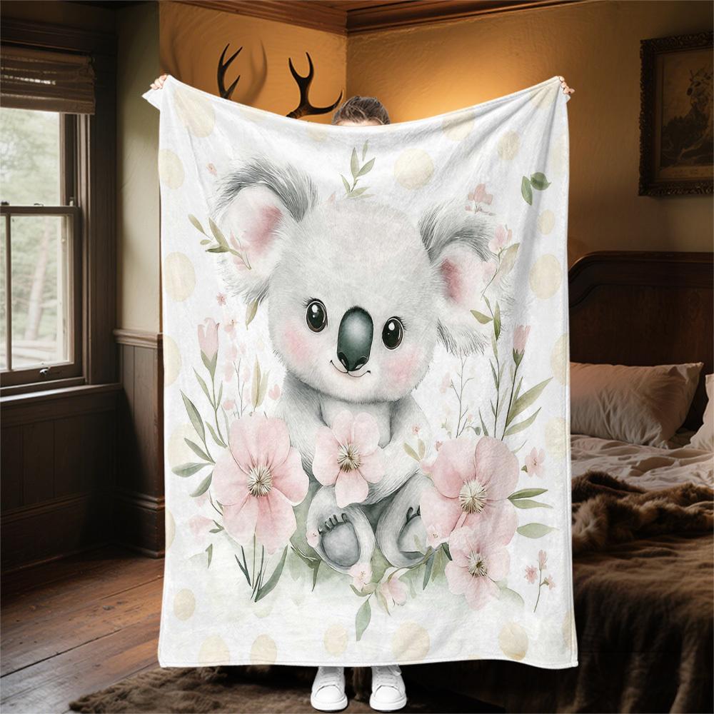 1pc Koala, Flowers Outdoor Flannel Blanket Soft Warm All-Season Throw for Sofa Bed Car Camping Office, Cozy Gift Idea1317S