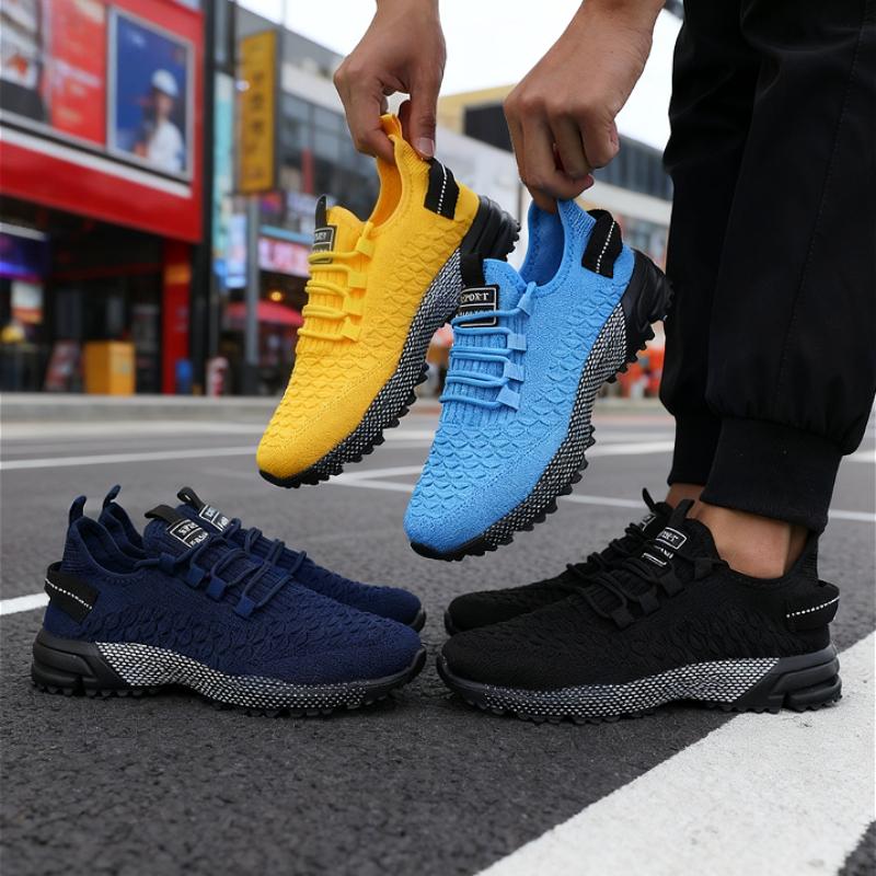 Unisex Knitted Sneakers Unique Grid Design Lightweight Comfortable Running Shoes Outdoor Lace Up Walking Men Shoes Free Shipping