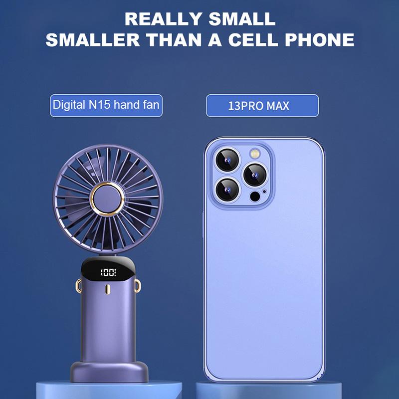 LED Digital Display Folding Hand-Held Electric Fan Five-Speed Wind Adjustment 90-Degree Folding Double Battery Long Battery Life
