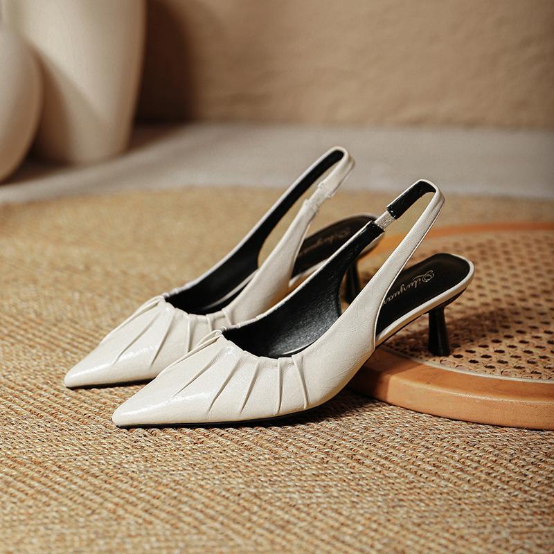 French bag head sandals women's summer 2025 new temperament pointed high heels thin heel pleated shallow mouth empty shoes