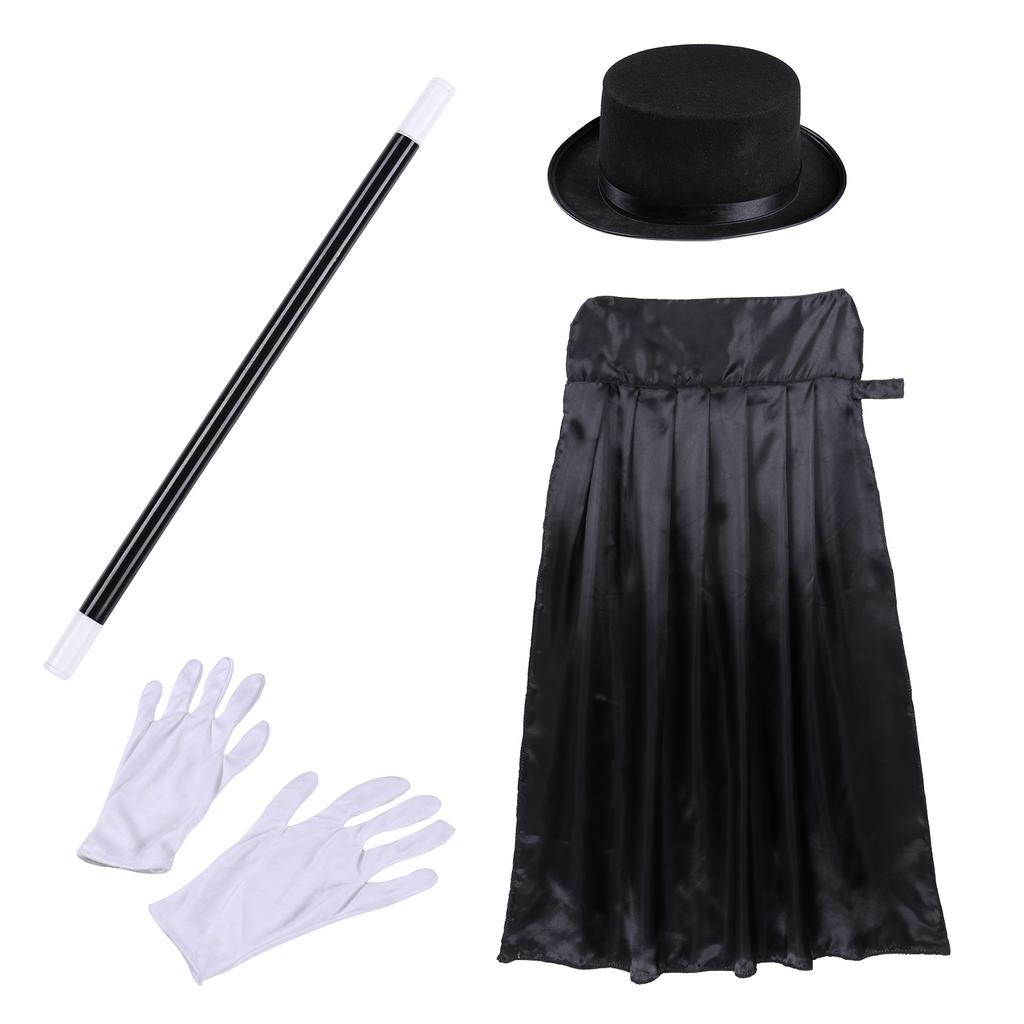 Kids Magician Costume Outfit Boys Girls Cape Hat Magic Wand Gloves Necktie Set for Halloween Cosplay Magician Dress Up Kit