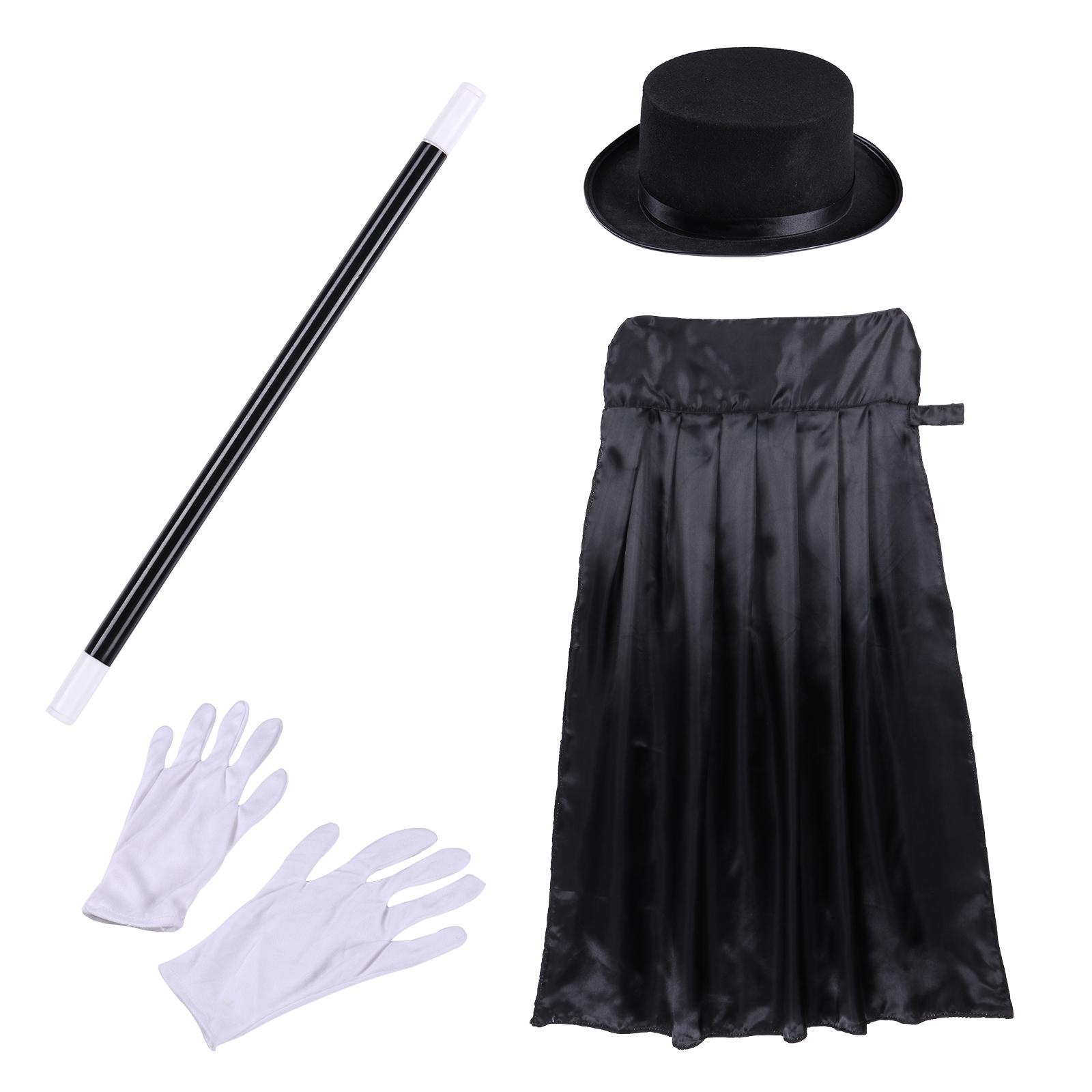 Kinder Tovenaarskostuum Outfit Jongens Meisjes Cape Hoed Toverstaf Handschoenen Stropdas Set voor Halloween Cosplay Tovenaar Verkleding Kit OneSize black