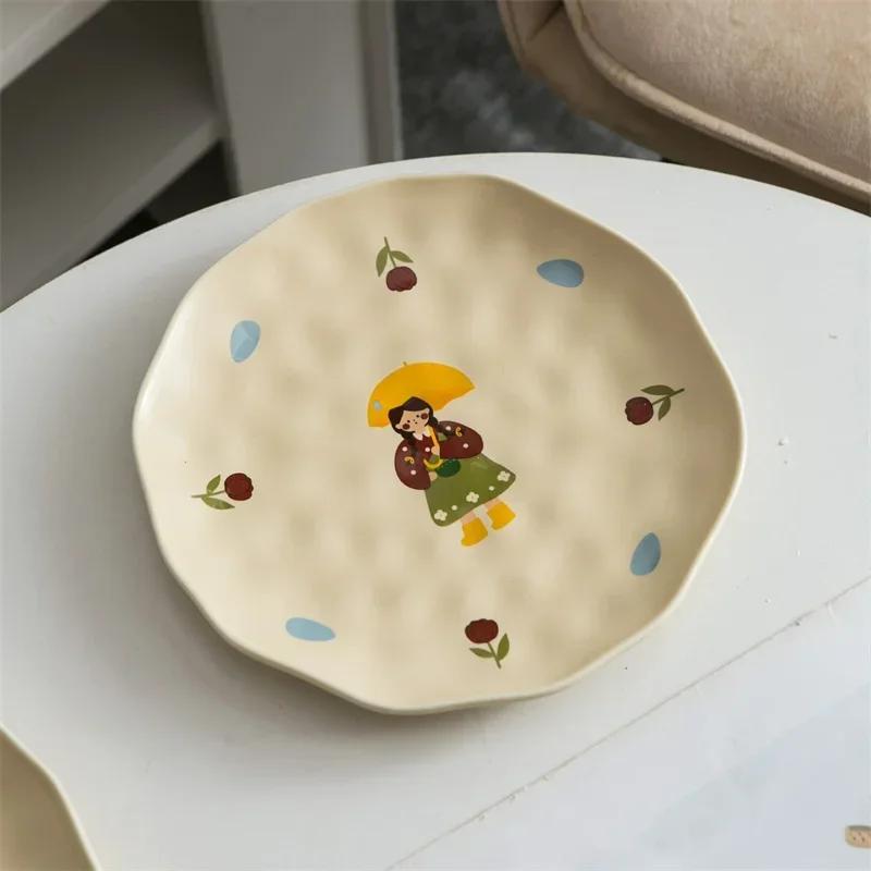 Ceramic Dinner Plate Bowl Cup with Lid Household Cute Girl Tableware Rice Bowl Cartoon Breakfast Plate Coffee Mug Birthday Gift