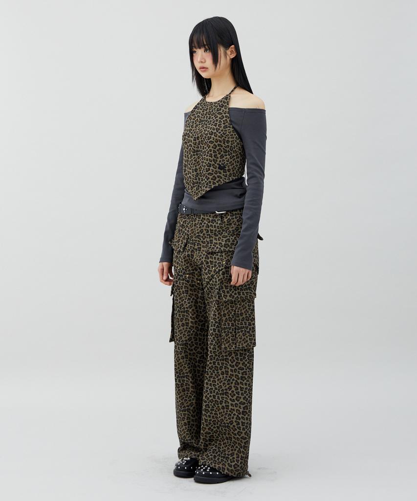 LALAFOX Leopard Print Rivet Pocket Point Pants Brown Br2Wp007