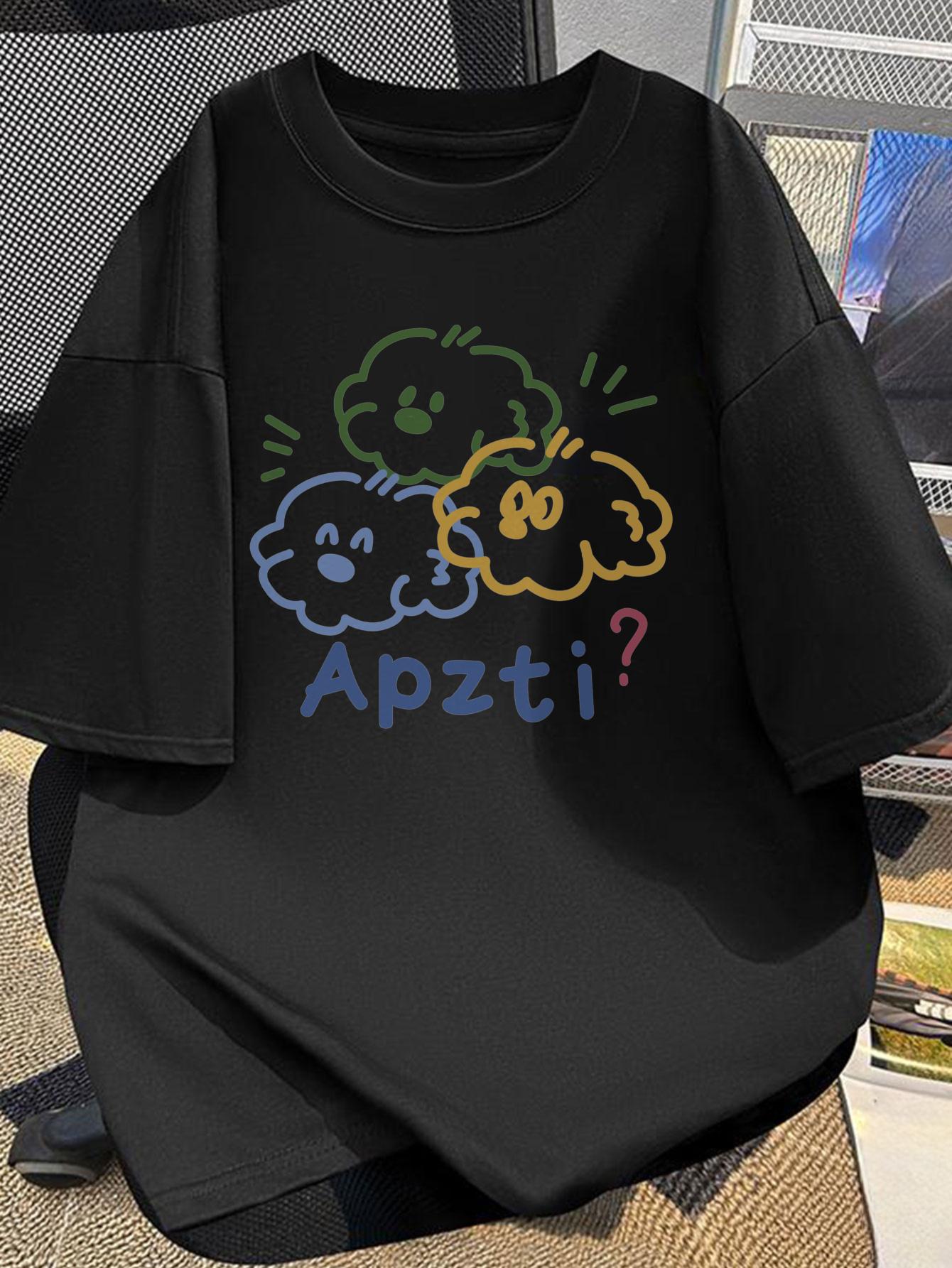 Casual Short Sleeve T-shirt with Cartoon Clouds &  Apzti?  Print - Black Round Neck Tee XXXL