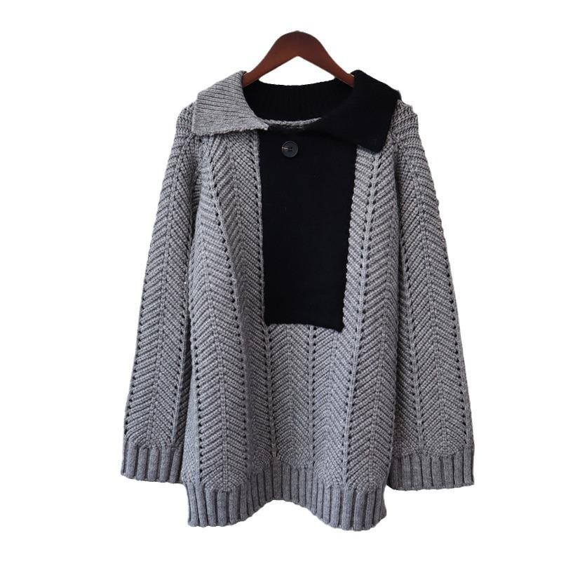 Autumn and Winter New Design Sense Contrasting Color Lapel Sweater Pullover Lazy Wind Loose Knitted Sweater Top Women