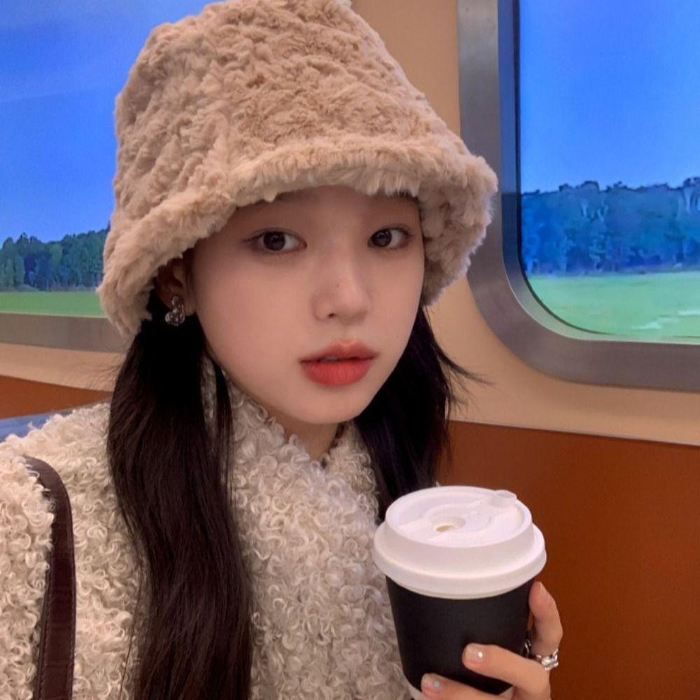 Plush Plush Bucket Hat Warm Basin Sun Cap Outdoor Fisherman Cap  for Women