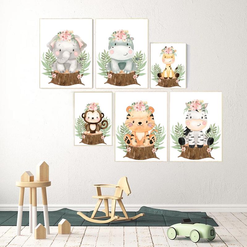 Cartoon Wearing Flowers Animal Leaves Nursery Wall Art Canvas Painting Posters And Prints Wall Pictures Baby Kids Room Décor No Frame