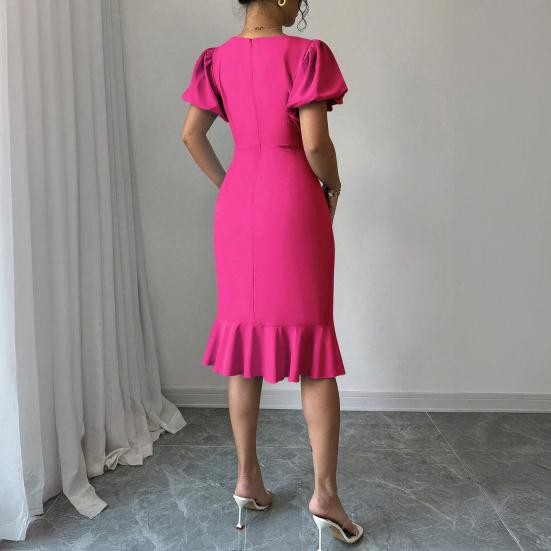 Women's Short Puff Sleeve Bodycon Dresses Crew Neck Ruffle Mermaid Hem Dress Cocktail Wedding