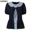 VONDA Women Girls Puff Sleeve Bow Knot Fake Two-piece Plaid Casual Blouse
