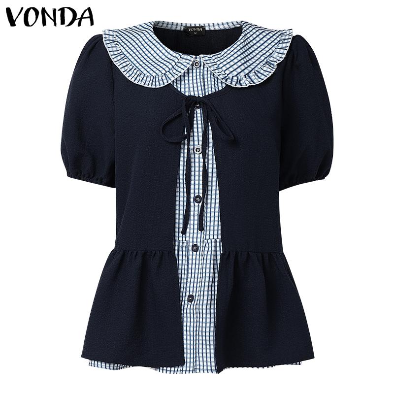 VONDA Women Girls Puff Sleeve Bow Knot Fake Two-piece Plaid Casual Blouse