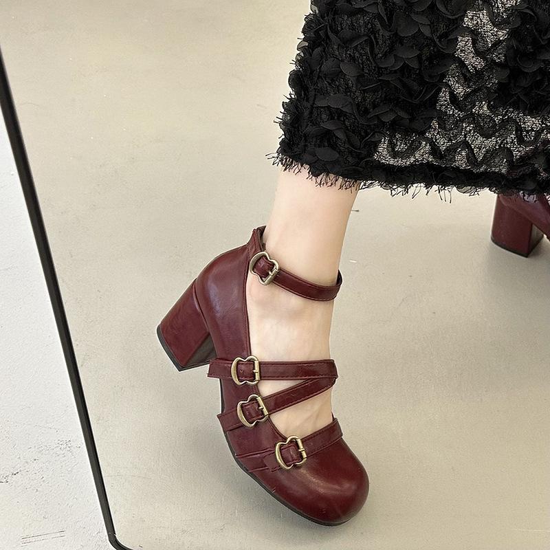 Cross-buckle Mary Jane women's high heels autumn 2025 new with skirt retro round head thick heel low-top shoes