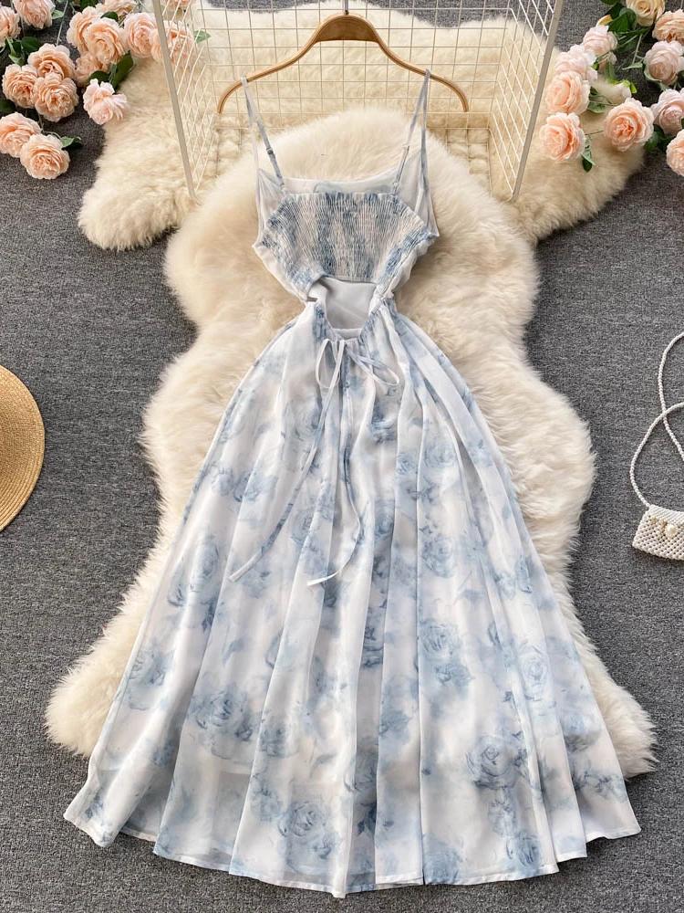 Summer Fashion Long Dress Women Print Floral Sexy Hollow Backless Strappy Party Dress Female Boho Vacation Beach Outing Sundress