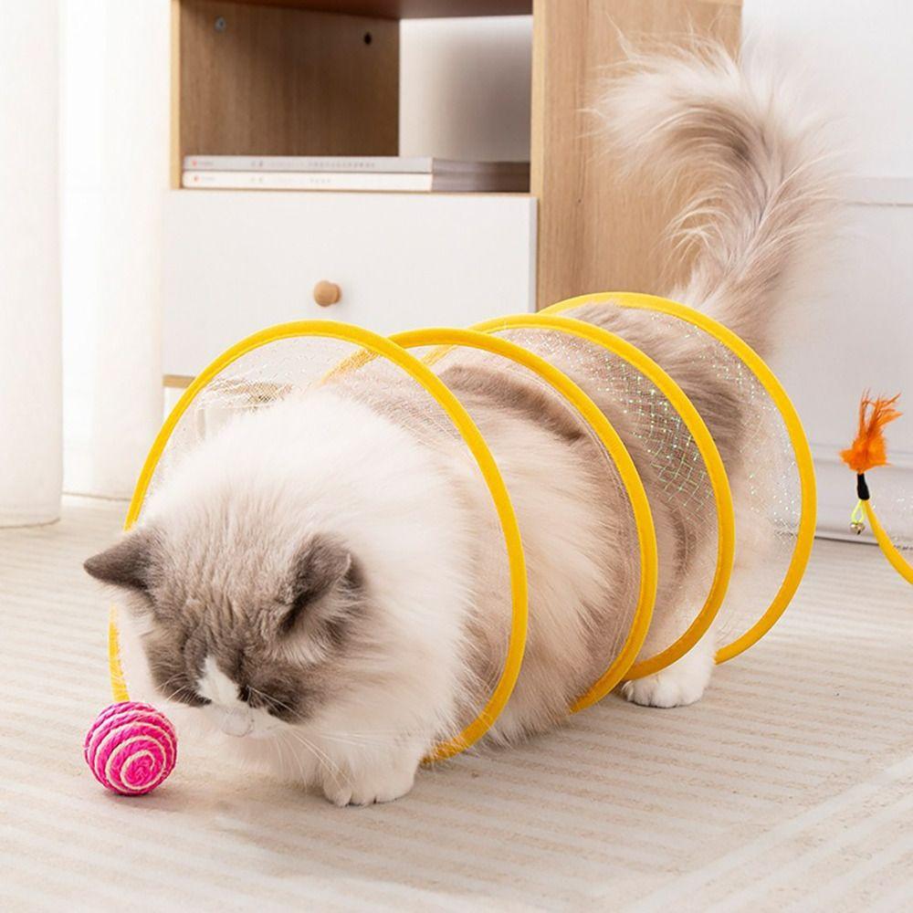 Steel Wire+Elastic Mesh Folded Cat Tunnel With Bell Breathable Cat Spring Toy S Type Training Interactive Cat Collapsible Tunnel