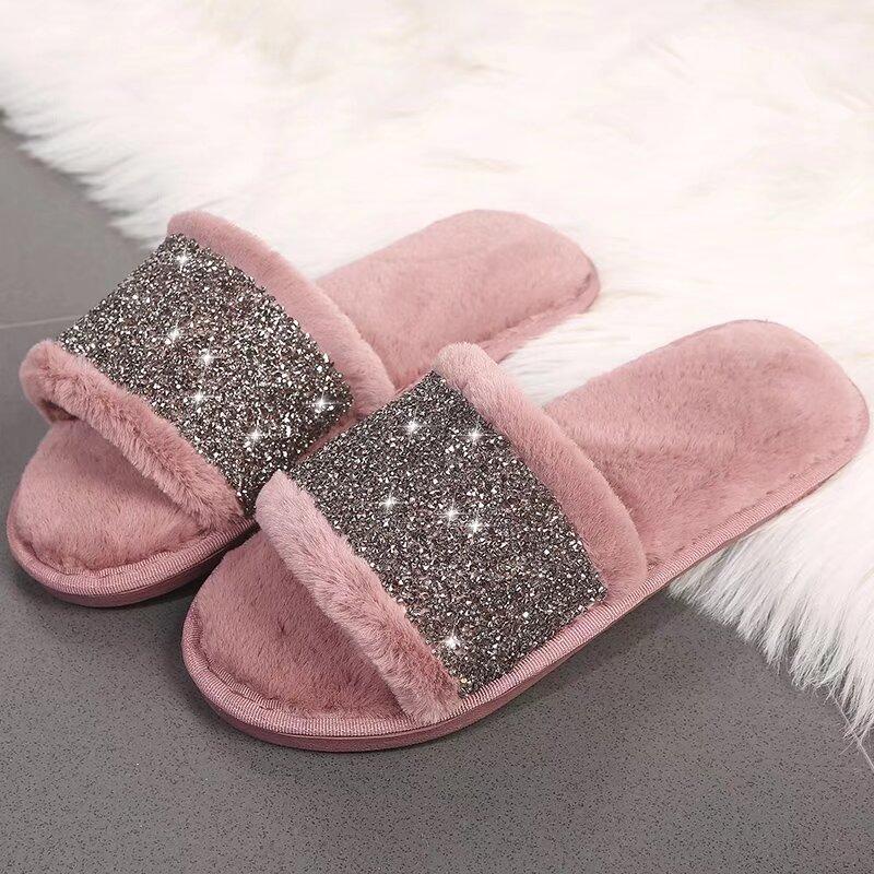 Fashion Fashion Bling Cotton Slippers for Women Open Toe Slip On Fur Slippers Woman Autumn Winter Faux Fur Indoor Flats Fur Slides Mujer