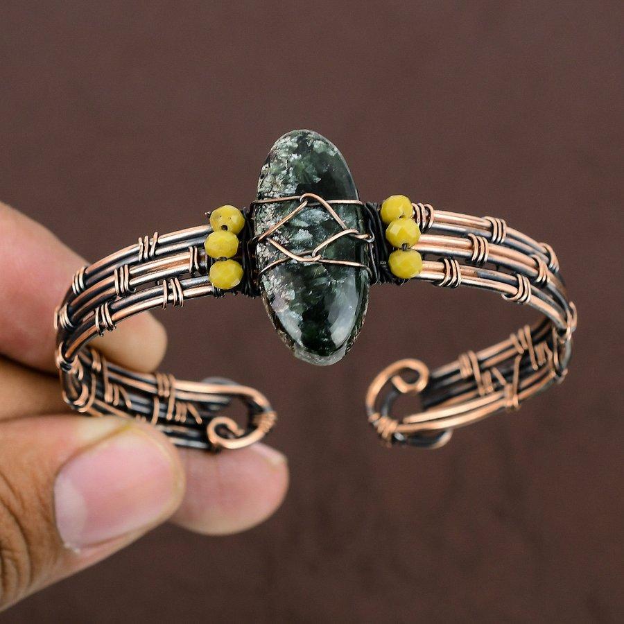 Natural Seraphinite Gemstone Handmade Copper Wire Wrap Cuff Bangle Adj. e0f14