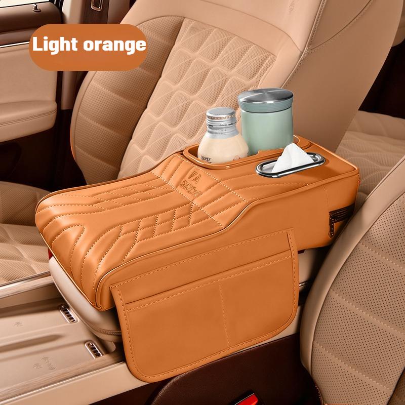 Auto-Armlehnenbox mit 2 Getränkehaltern, Taschentuchspender, Armlehne mit Aufbewahrungstasche, Auto-Leder, Höhenverstellung, Schutzabdeckung, Polster