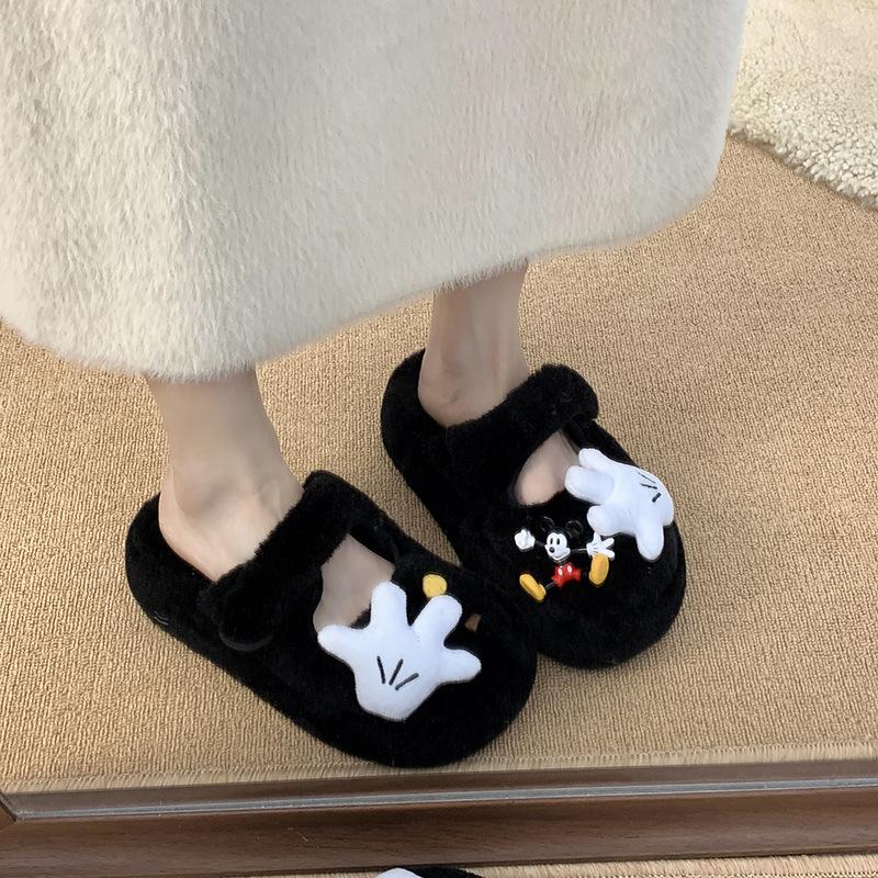 High-value Cartoon Mickey Thick-bottomed Cotton Slippers 2025 New Sweet and Cute Foreign-style Fluffy Slippers
