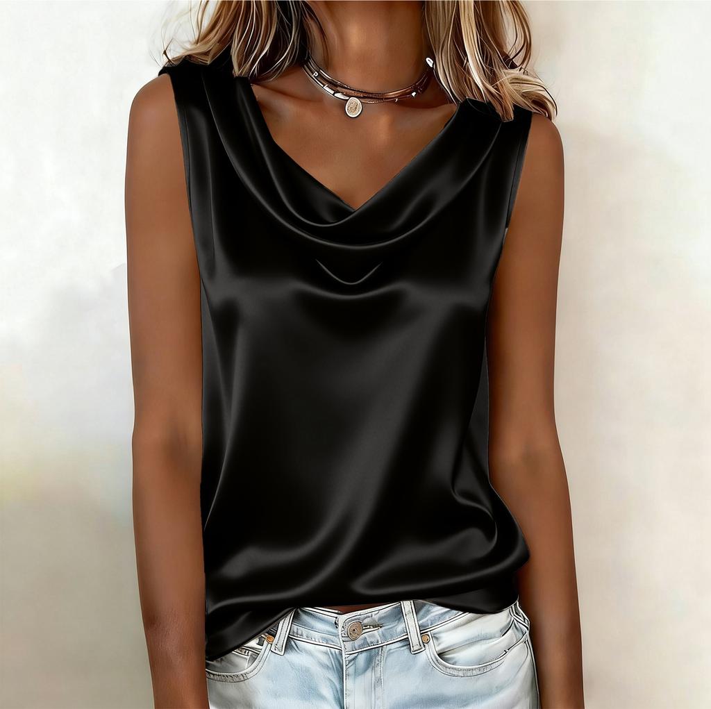 Women’s Sleeveless Satin Cowl Neck Blouse Relaxed Fit Pullover Top Lightweight Soft Tank Shirt for Daily Wear