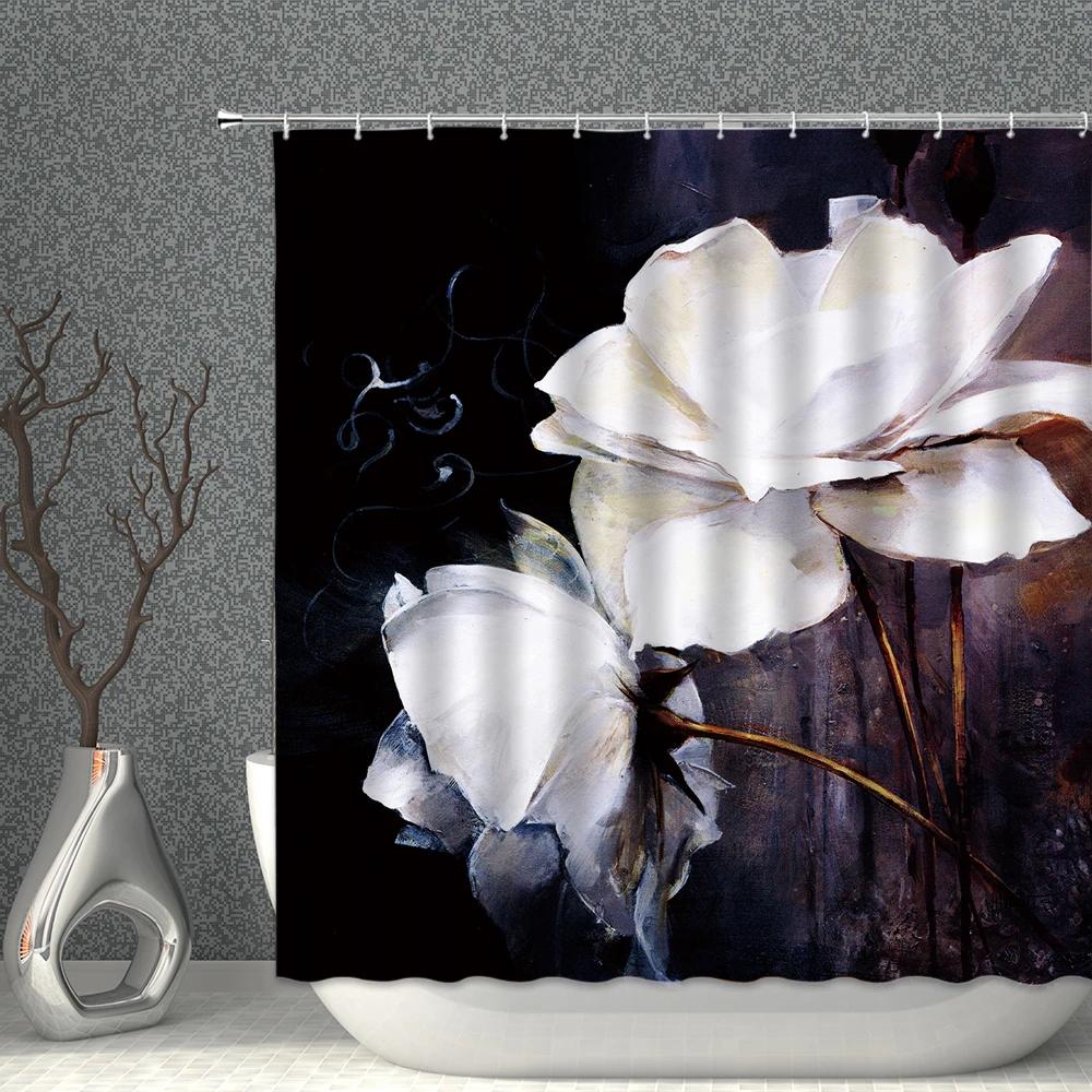 

Flower Shower Curtain Waterproof Fabric Blooming Orange Pink Flowers Art Painting Bath Curtains Set Black Bathroom Screen Decor W90XH180cm