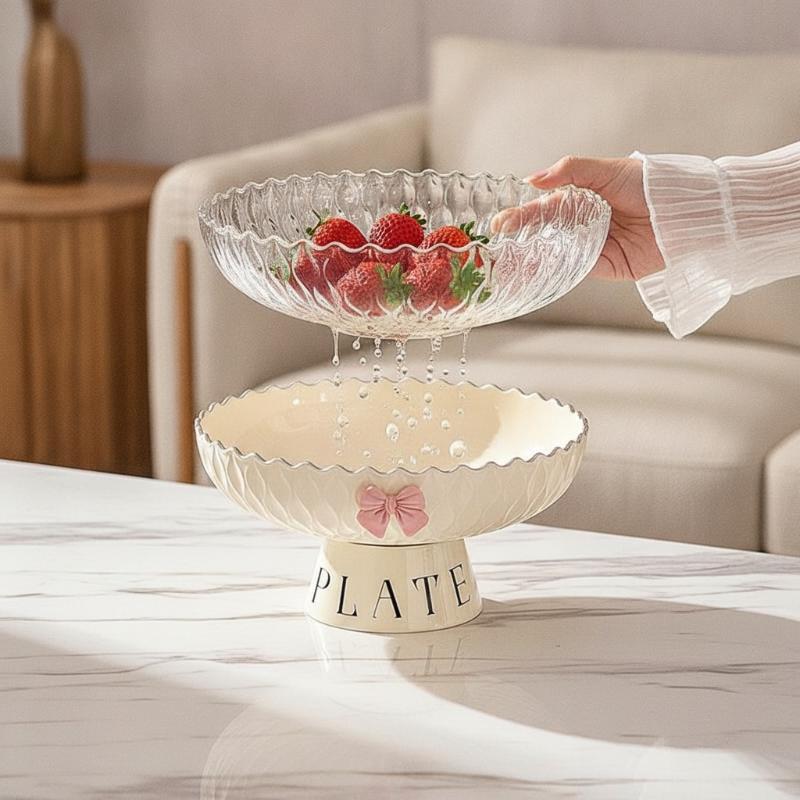 Pedestal Fruit Bowl With Drain Hole, Bow‑Knot Decor Fruit Tray, Kitchen Countertop Snack Storage Plate For Home Decoration