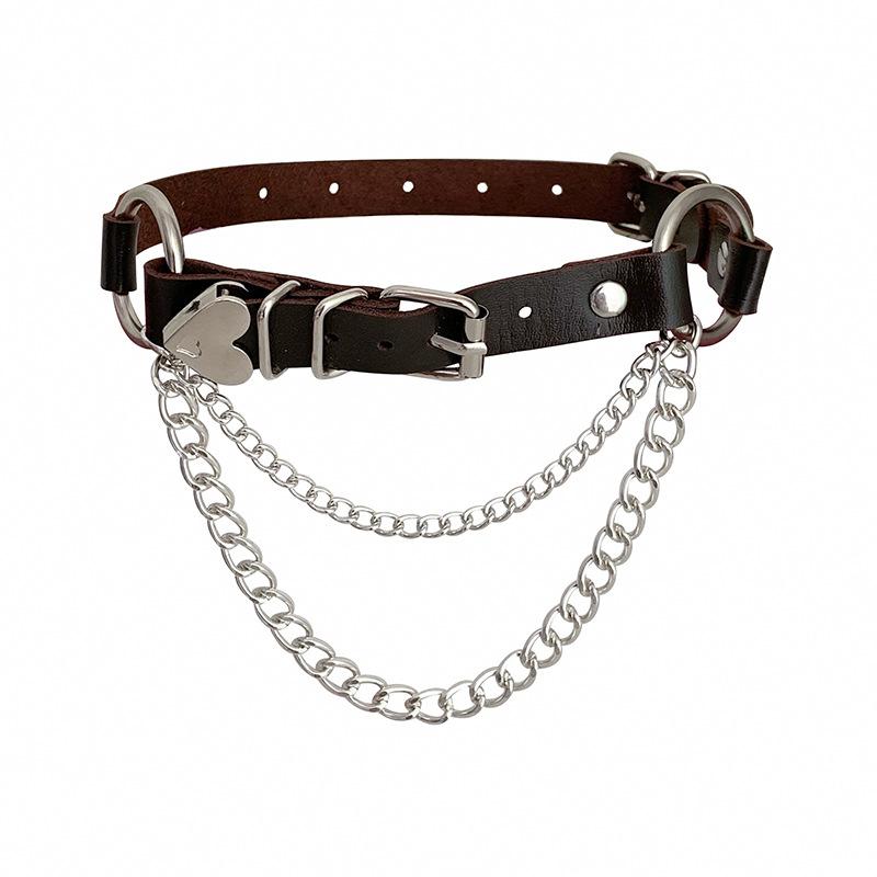 Punk PU leather collar heart-shaped peach heart chain necklace original goth neck chain love exaggerated collarbone chain