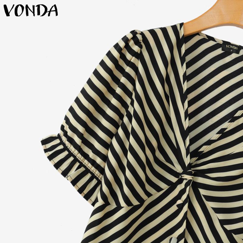 VONDA Summer Women Short Puff Sleeve Twisted Striped Casual Blouse