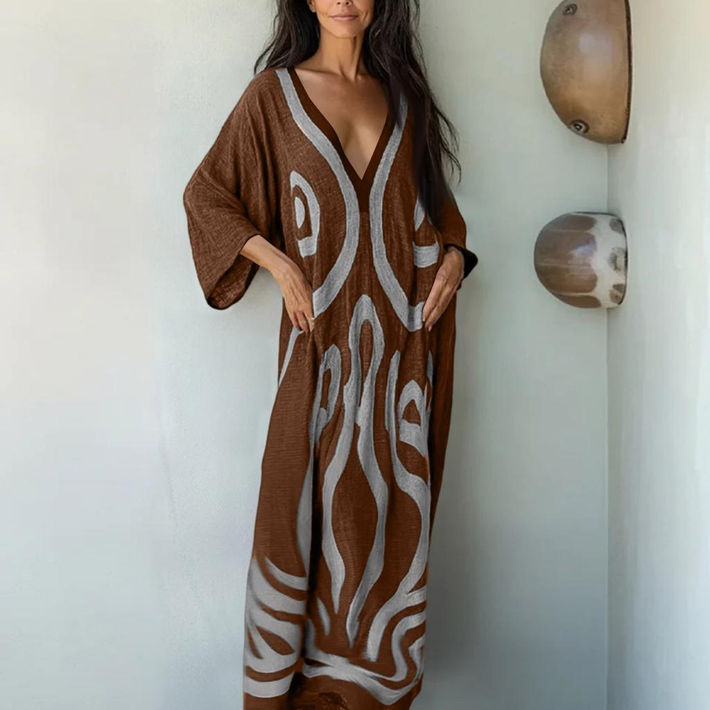 Women V Neck Bohemian Print Kaftan Dress Loose Fit Maxi Robe for Beach Holiday Home Relaxation Casual Wear