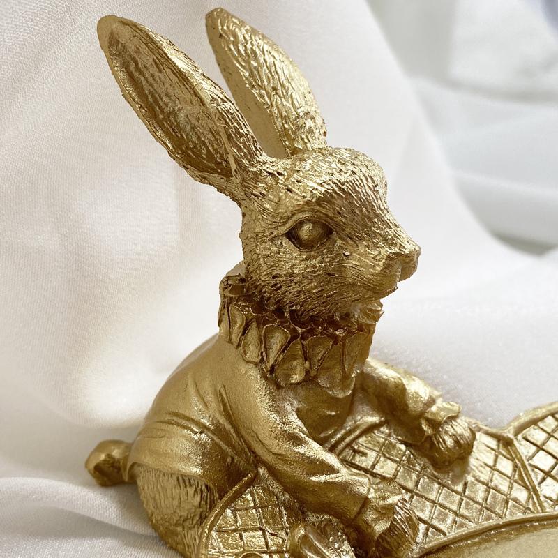 Cute Golden Bunny Figurine Luxury Jewelry Ring Tray Home Desktop Decoration Easter Rabbit Statue Resin Crafts Dresser Ornaments