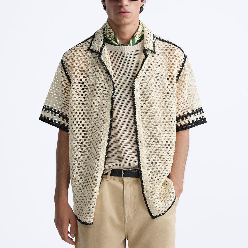 Zara Loose Color Block Vintage Casual Short Sleeve Shirt Men shirts Faded-White 7200311-251