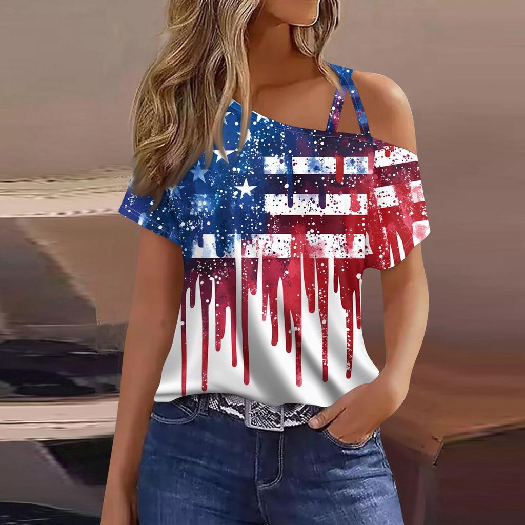 Women's Fashion Casual Independence Day Print Sexy Cold Shoulder Short Sleeve T-shirt Top